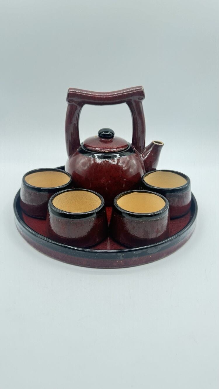 Vtg Pier 1 Shanghai Teapot Set 7 piece Earthenware Reddish Brown Black Tan